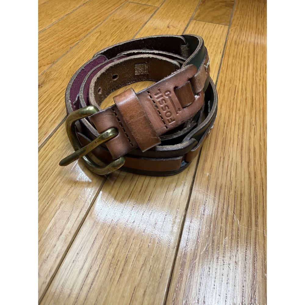 Fossil Womens Brown Leather Patchwork Boho Belt Brass Buckle Large BT3866162